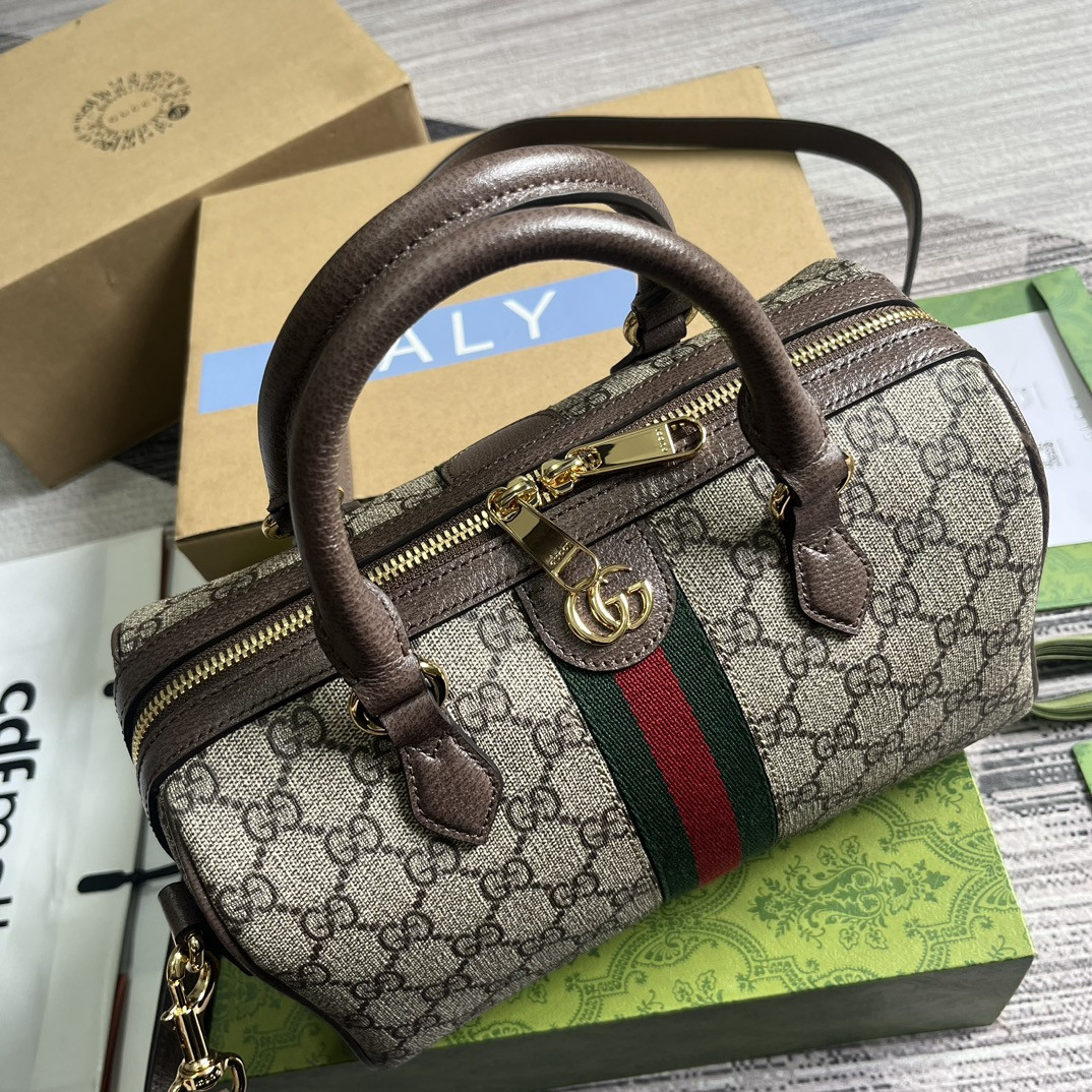 G*u*i OPHIDIA GG MINI TOP HANDLE BAG Beige and brown 8.4"W x 5.5"H x 4.5"D