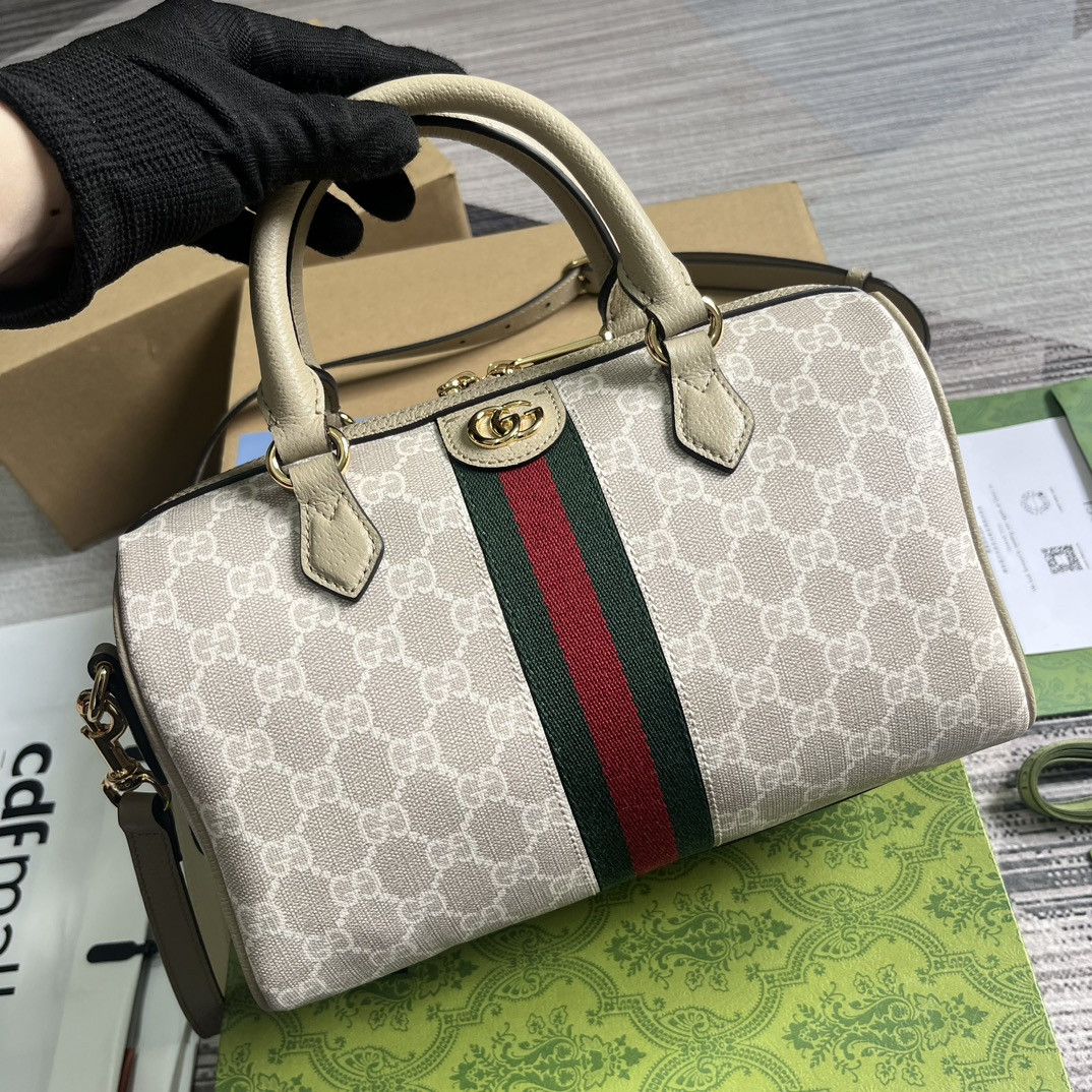G*u*i OPHIDIA GG MINI TOP HANDLE BAG Beige and white 8.4"W x 5.5"H x 4.5"D