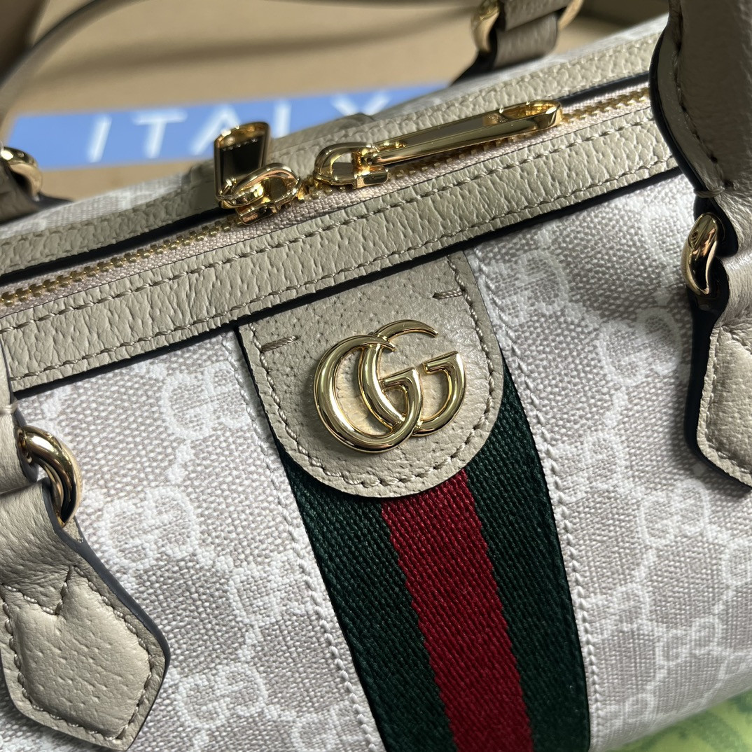 G*u*i OPHIDIA GG MINI TOP HANDLE BAG Beige and white 8.4"W x 5.5"H x 4.5"D