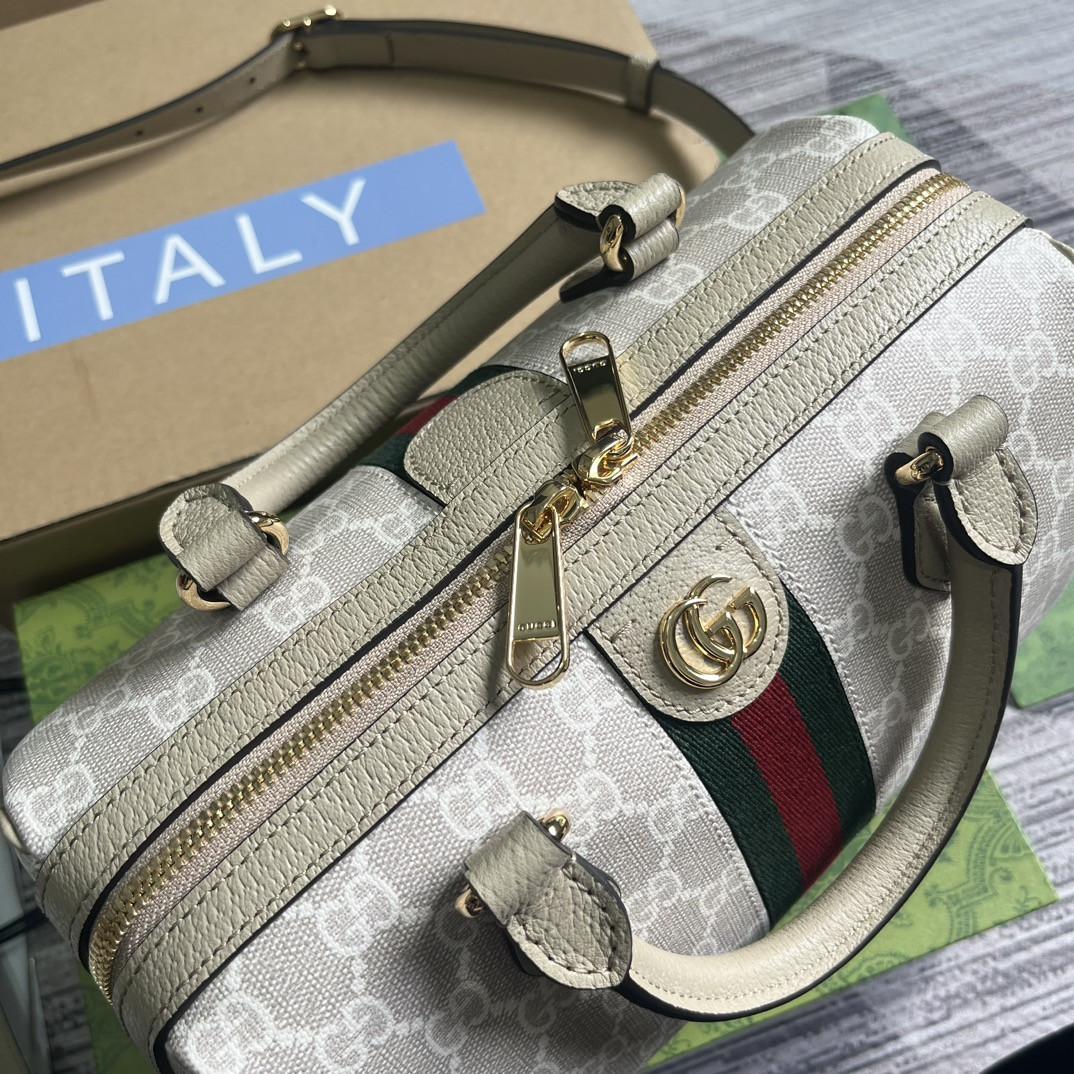 G*u*i OPHIDIA GG MINI TOP HANDLE BAG Beige and white 8.4"W x 5.5"H x 4.5"D