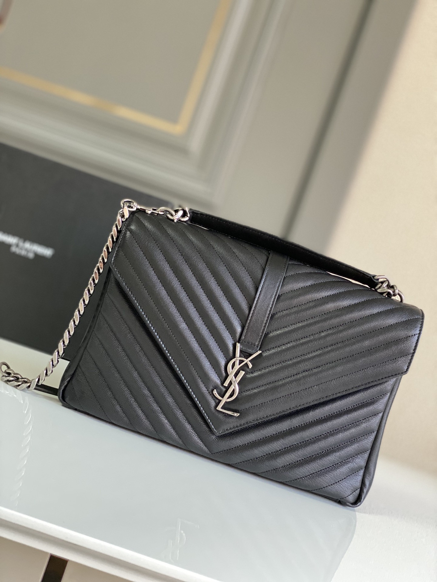 Y*L COLLEGE LARGE IN QUILTED LEATHER BLACK SILVER 32X21X8 CM