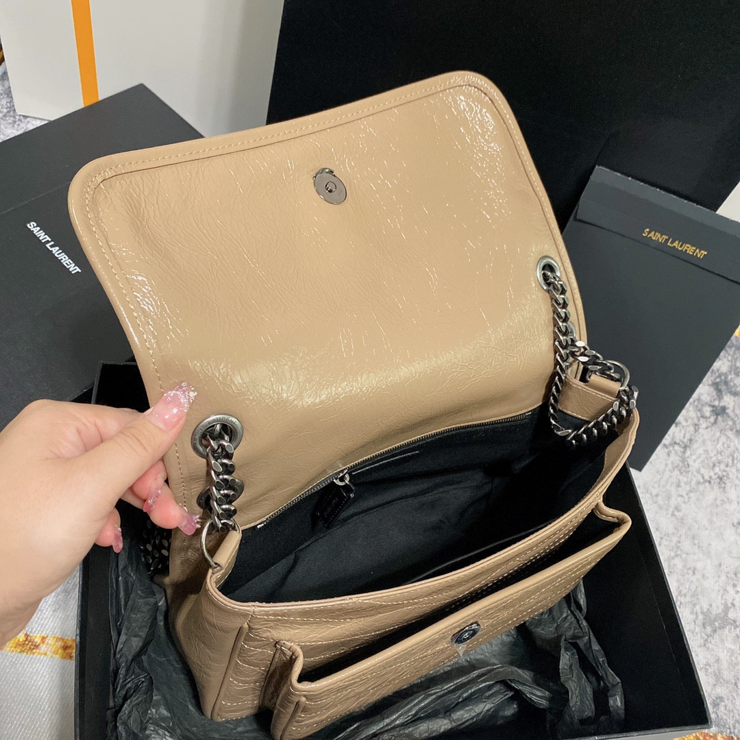 Y*L NIKI MEDIUM IN VINTAGE LEATHER DARK BEIGE 11 X 7.8 X 3.3 INCHES