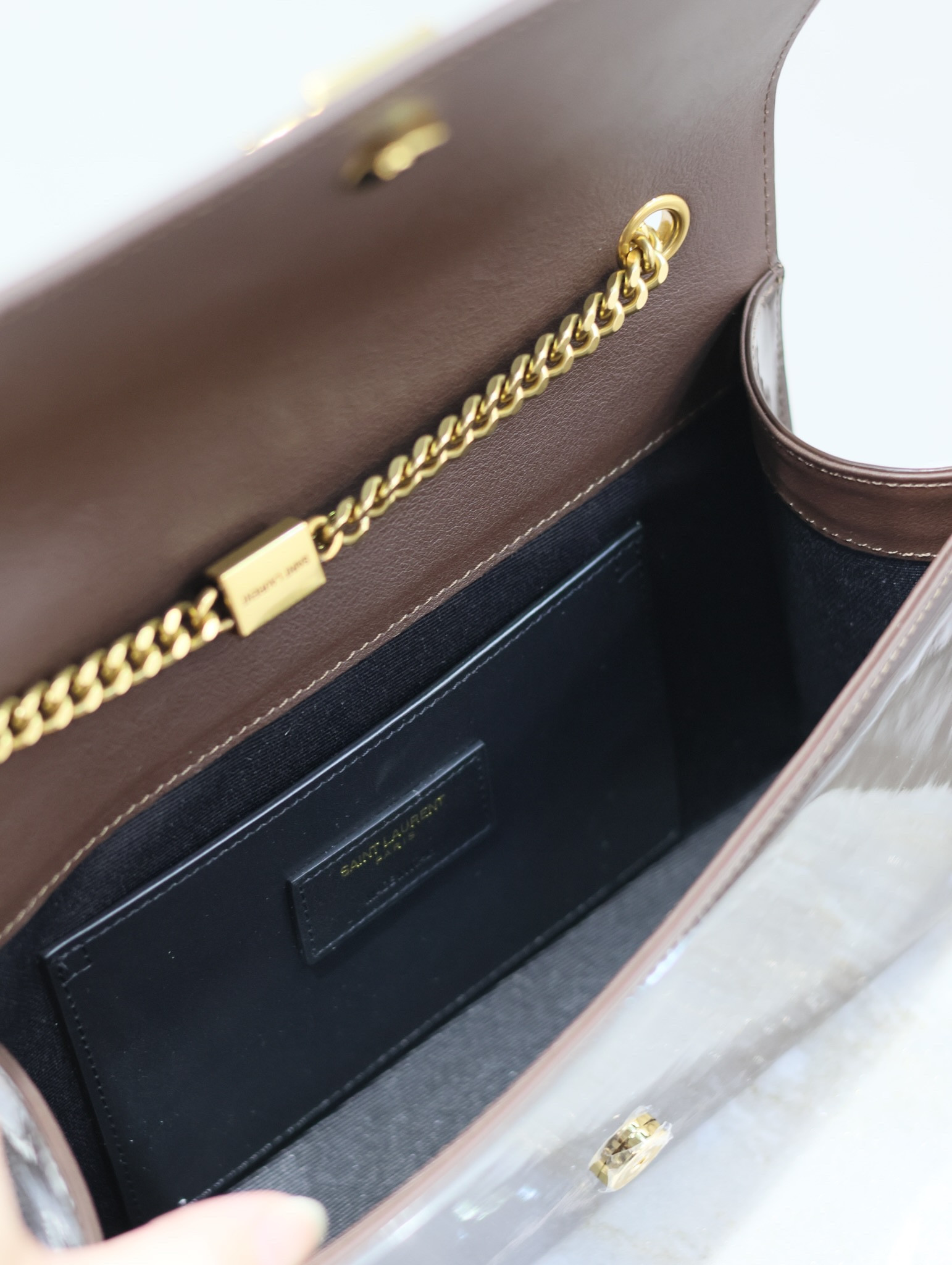 Y*L KATE MEDIUM IN SHINY LEATHER BROWN 9.4 X 5.7 X 2.1 INCHES