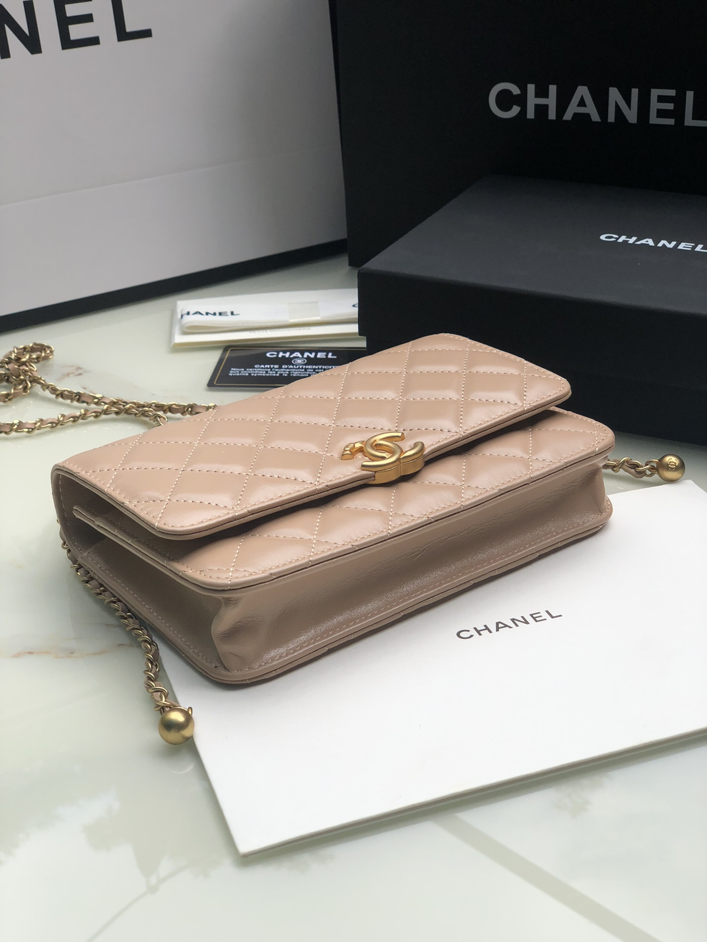 Ch*el CLASSIC WALLET ON CHAIN Pink 4.8 × 7.5 × 1.4 in
