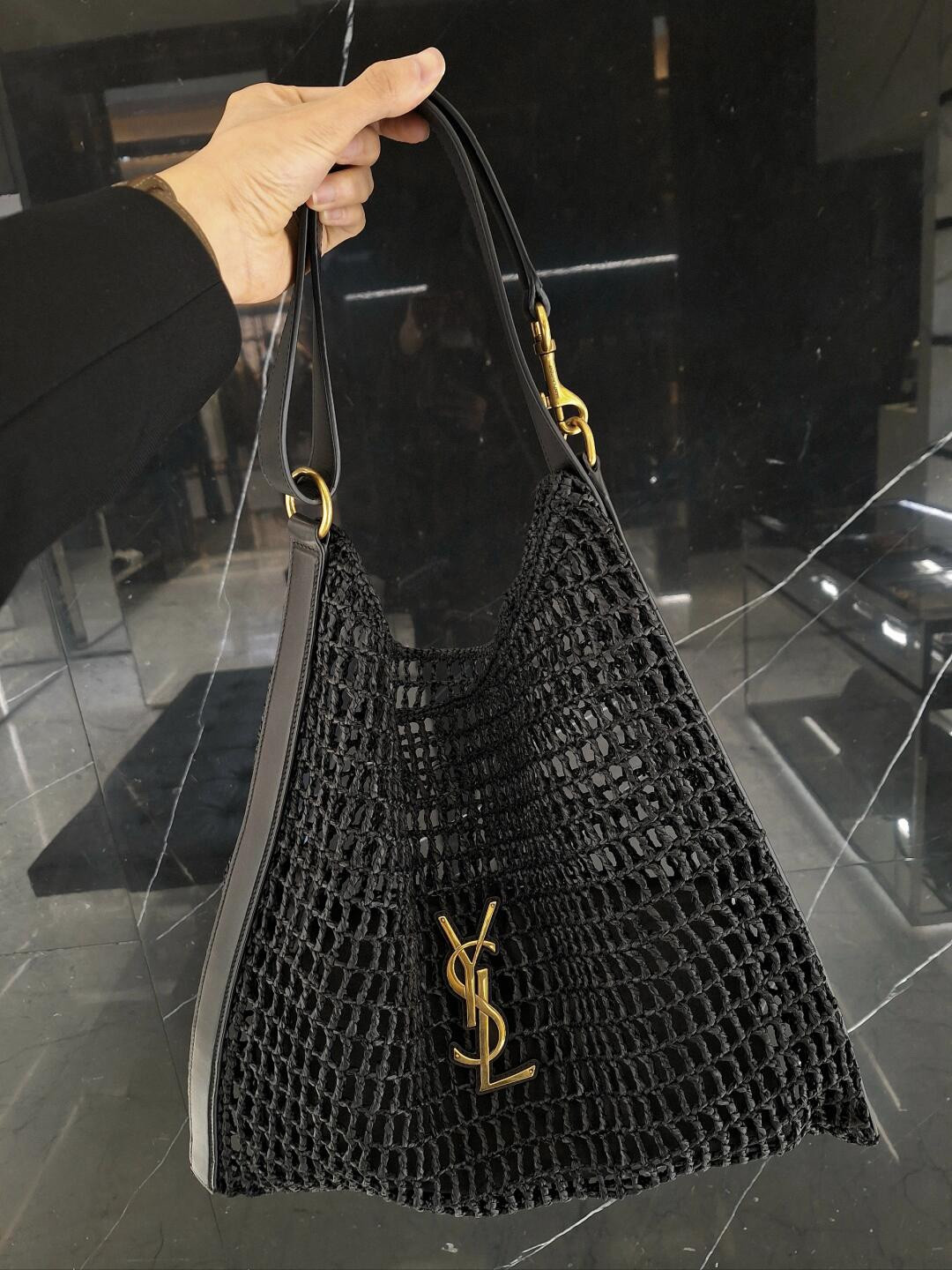 Y*L OXALIS BAG IN RAFFIA MACRAMÉ BLACK 14.6X 5.7X1.2INCHES