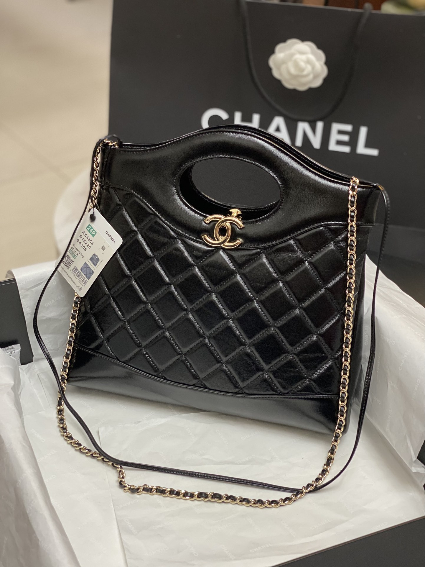 Ch*el SHOPPING BAG Shiny Lambskin & Gold-Tone Metal Black11.7 × 11.3 × 3.5 in