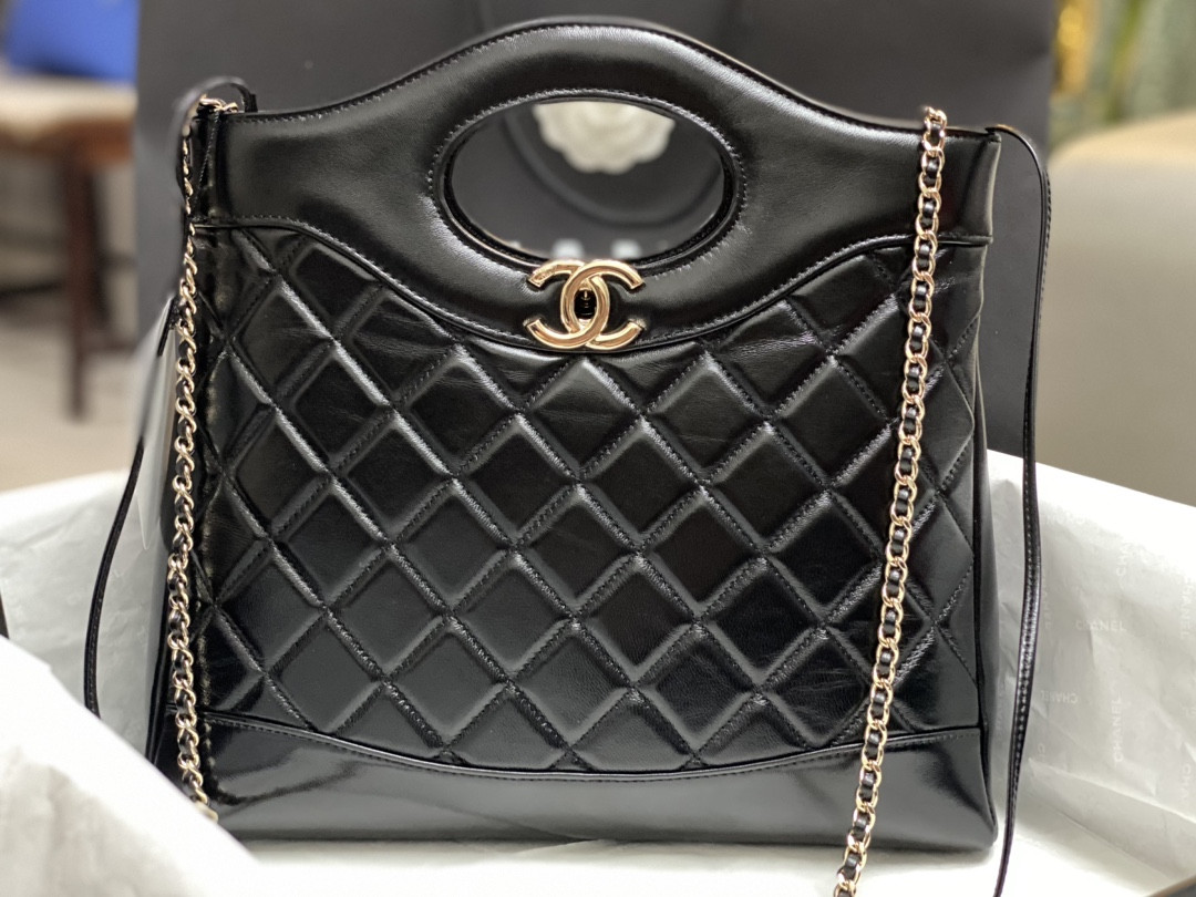 Ch*el SHOPPING BAG Shiny Lambskin & Gold-Tone Metal Black11.7 × 11.3 × 3.5 in