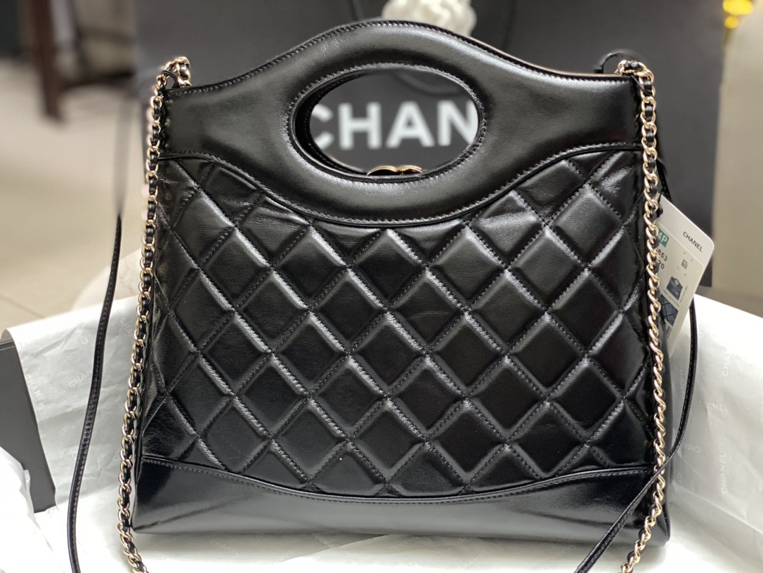 Ch*el SHOPPING BAG Shiny Lambskin & Gold-Tone Metal Black11.7 × 11.3 × 3.5 in