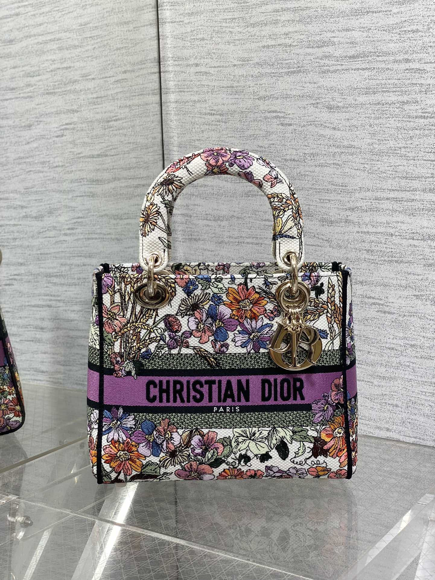 Medium Lady D*0r Bag White Multicolor D*0r 4 Saisons Été Embroidery 24 x 20 x 12 cm