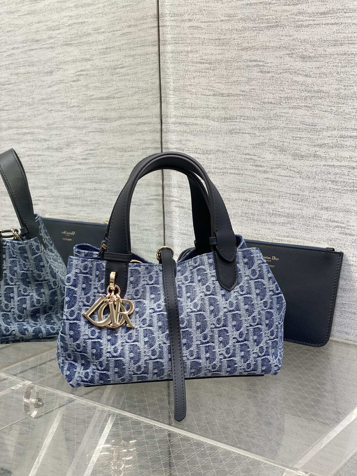 Small D*0r Toujours Bag Blue Denim D*0r Oblique Jacquard 23 x15 x15cm