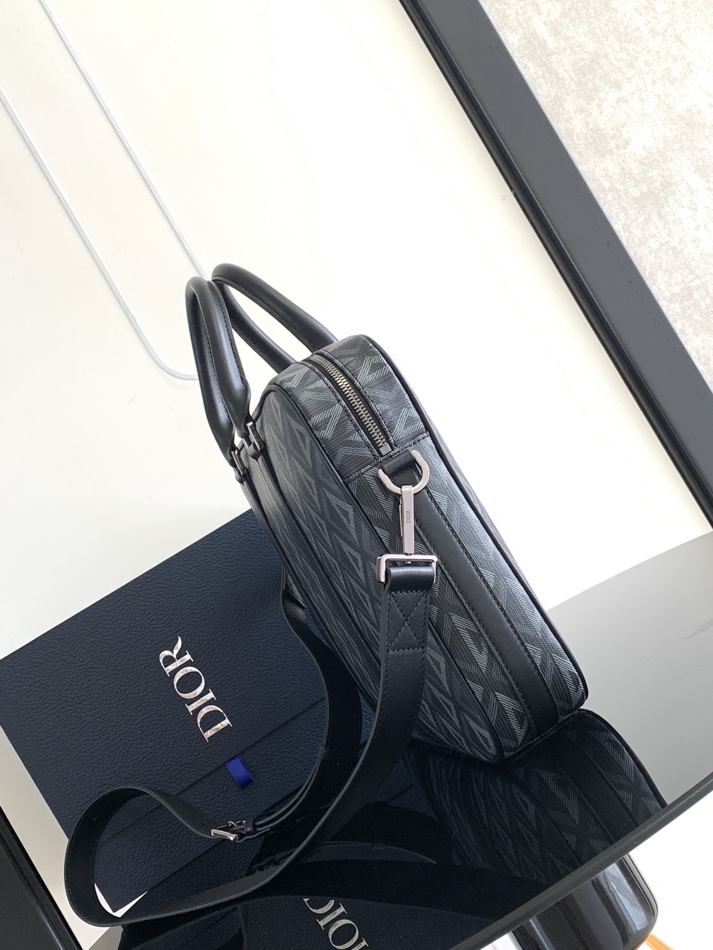 D*0r Zipped Briefcase Black CD Diamond Canvas and Black Grained Calfskin 37 x 28 x 6 cm