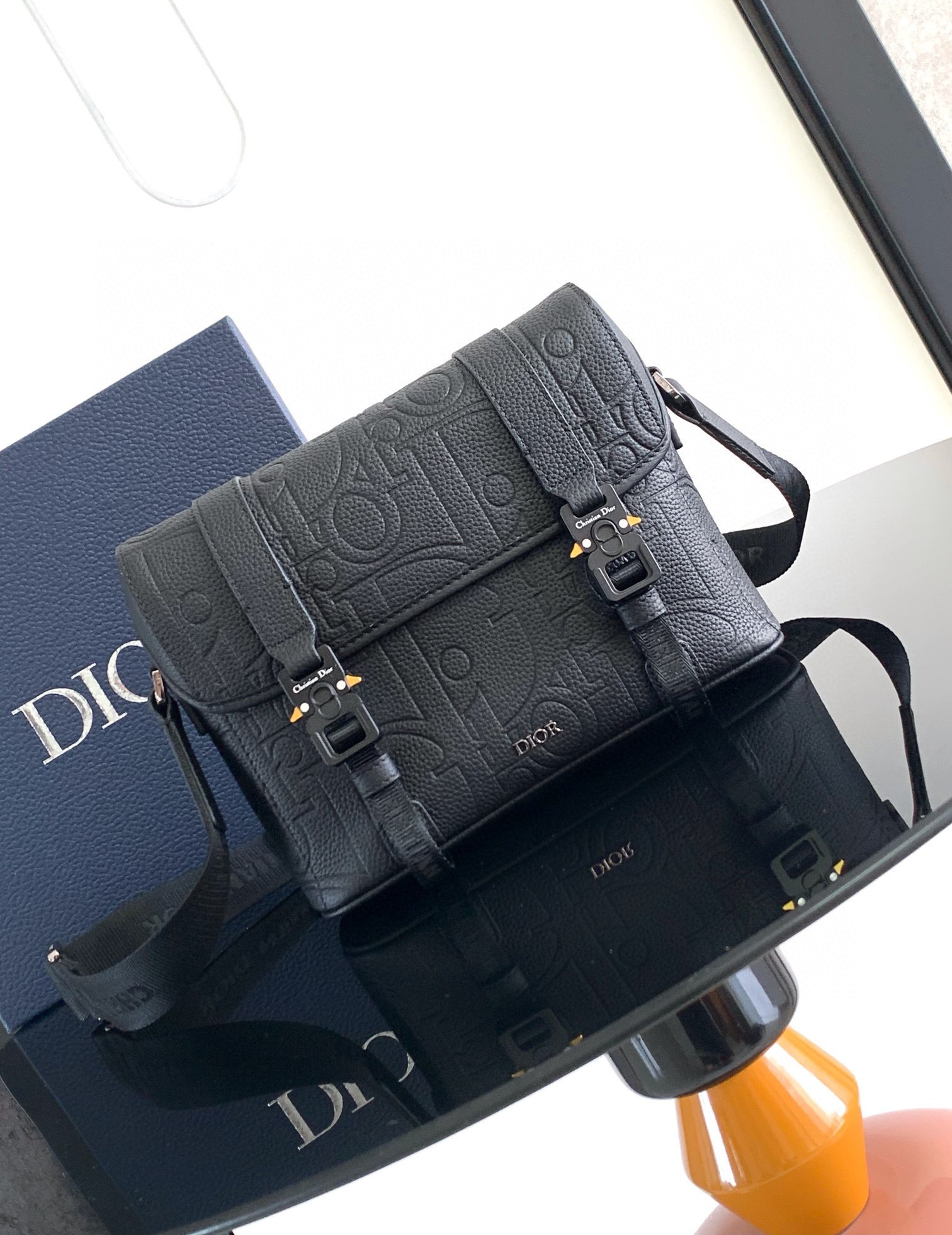 D*0r Hit the Road Messenger Bag with Flap Black D*0r Gravity Leather and Black Grained Calfskin 24 x 18 x 8 cm