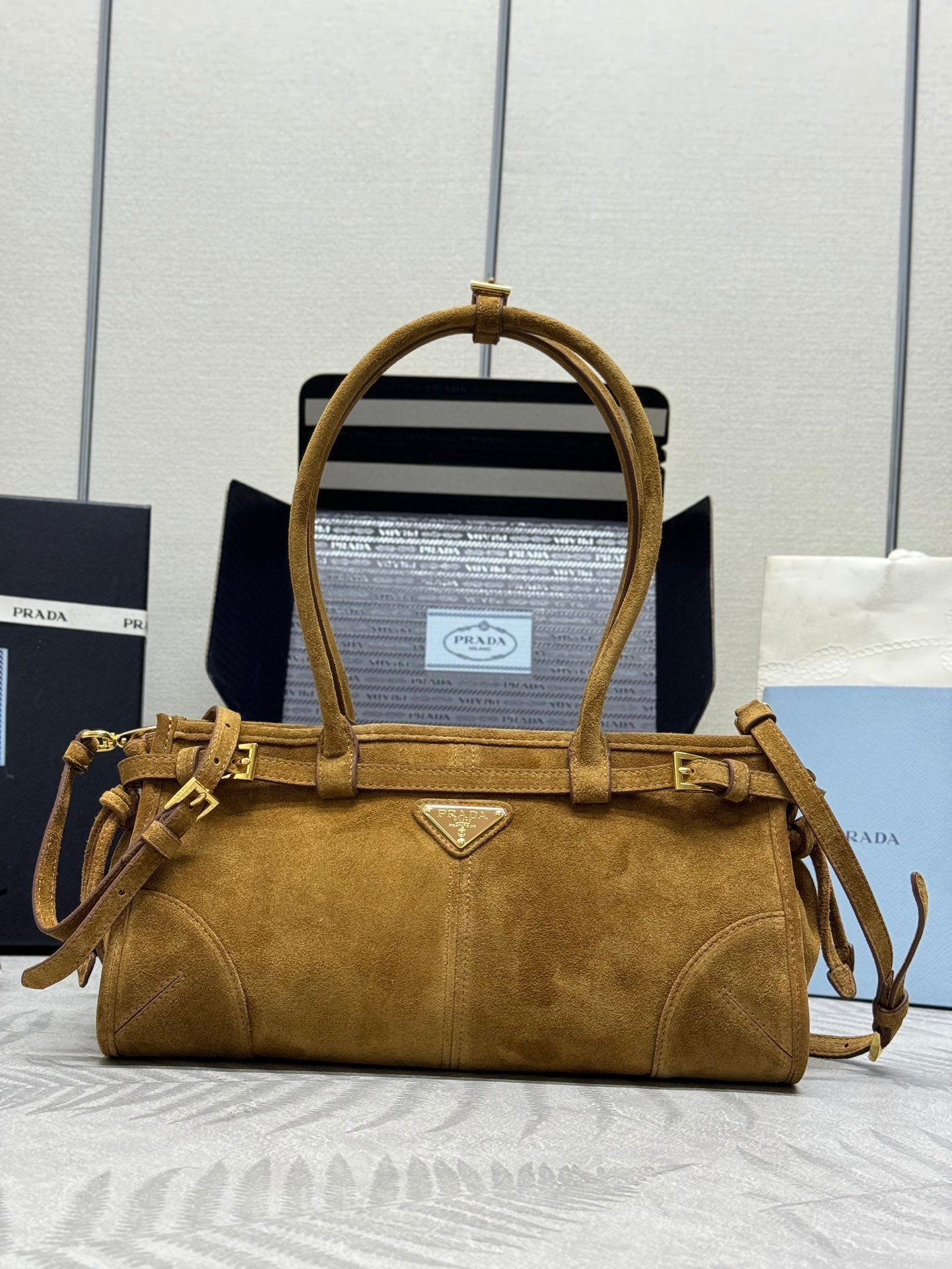 Pra*a Bonnie Medium Suede Handbag 32x15.5x12cm