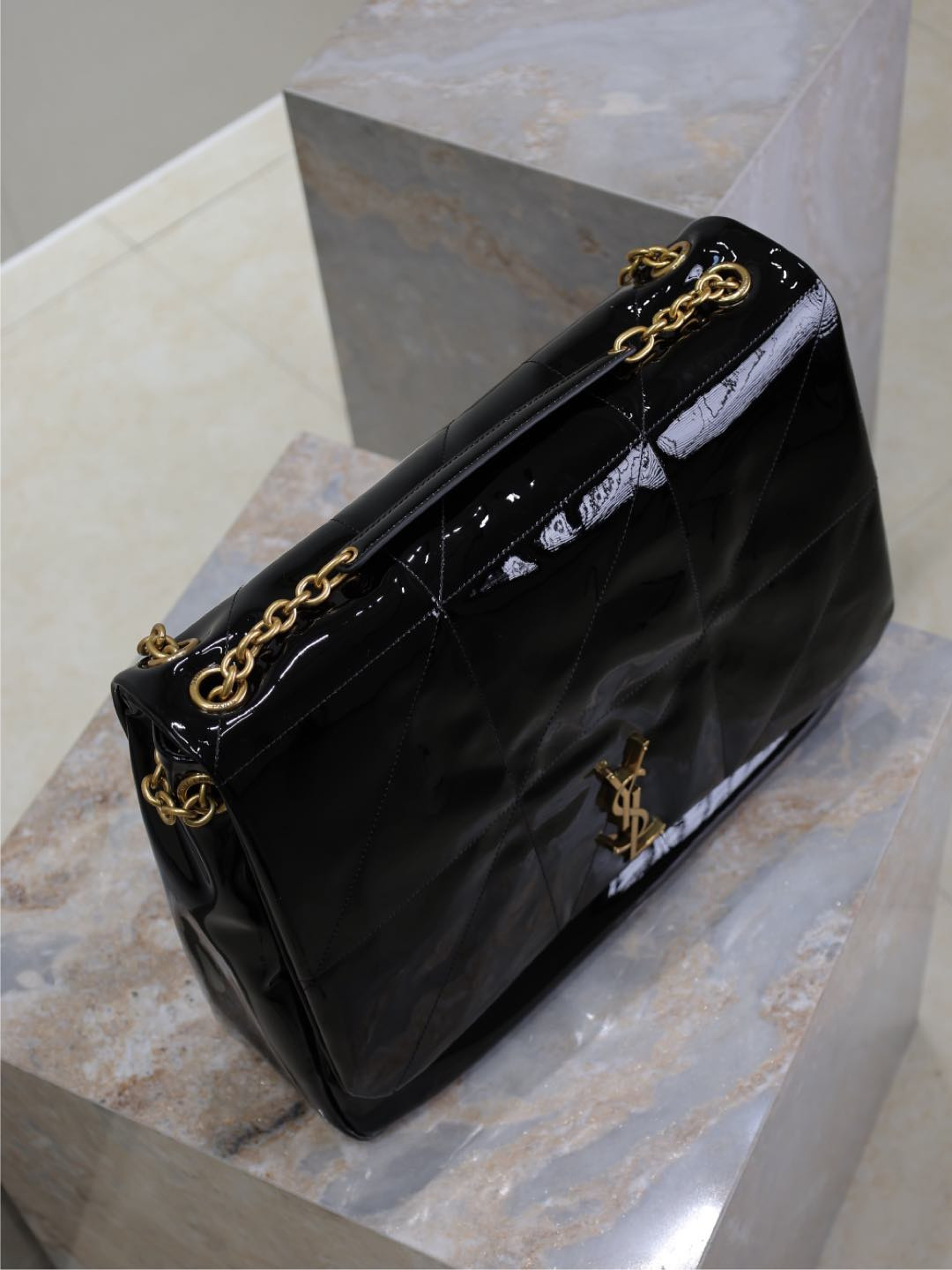 Y*L large jamie 4.3 in patent effect fabric