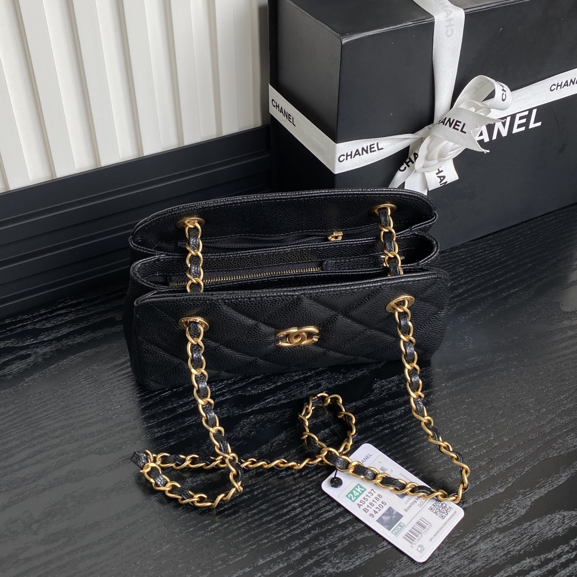 Ch*el Small Bowling Bag Grained Shiny Calfskin 14x22x9cm