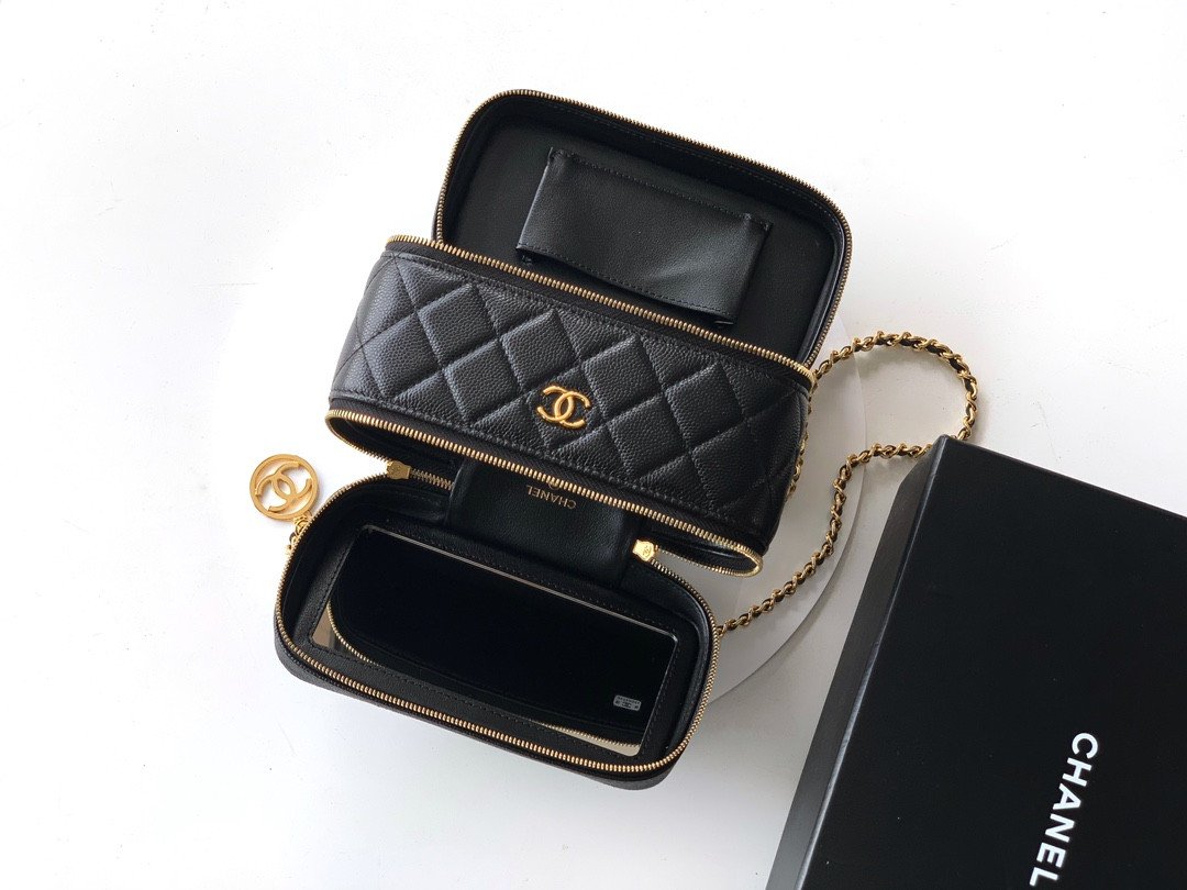 Ch*el leather cosmetic black bag 17x9.5x9cm